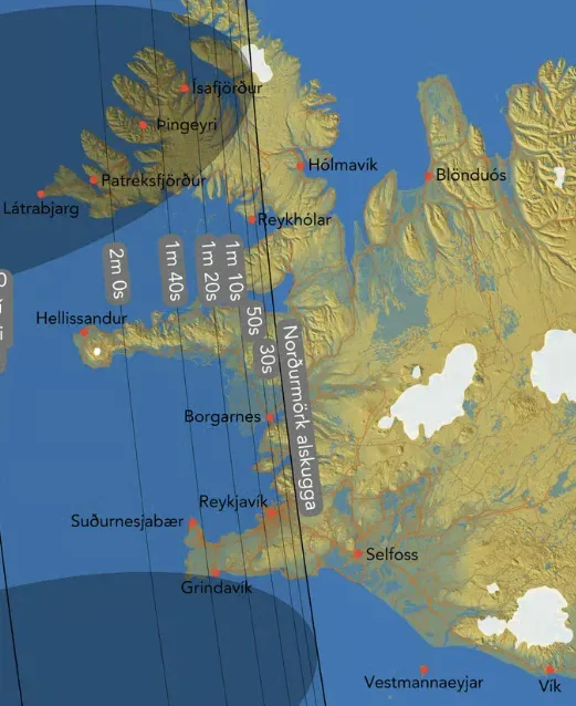 Kort og tímasetningar fyrir almyrkvaslóðina